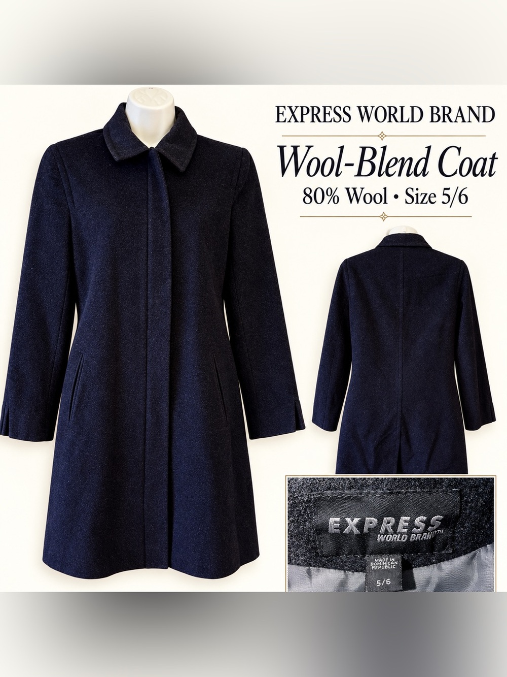 Express World Brand Wool Blend Coat Size 5/6 Longline Collared Lined